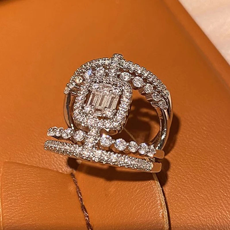 Huitan Wide CZ Cocktail Ring | Women's Silver Pave Statement Ring CZ Cocktail Ring Axl