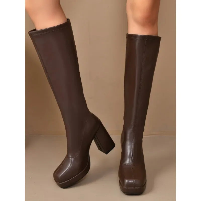 Women's Square Toe Knee-High Knight Boots | Thick Platform Heel Knee-High Fashion Boots Axl