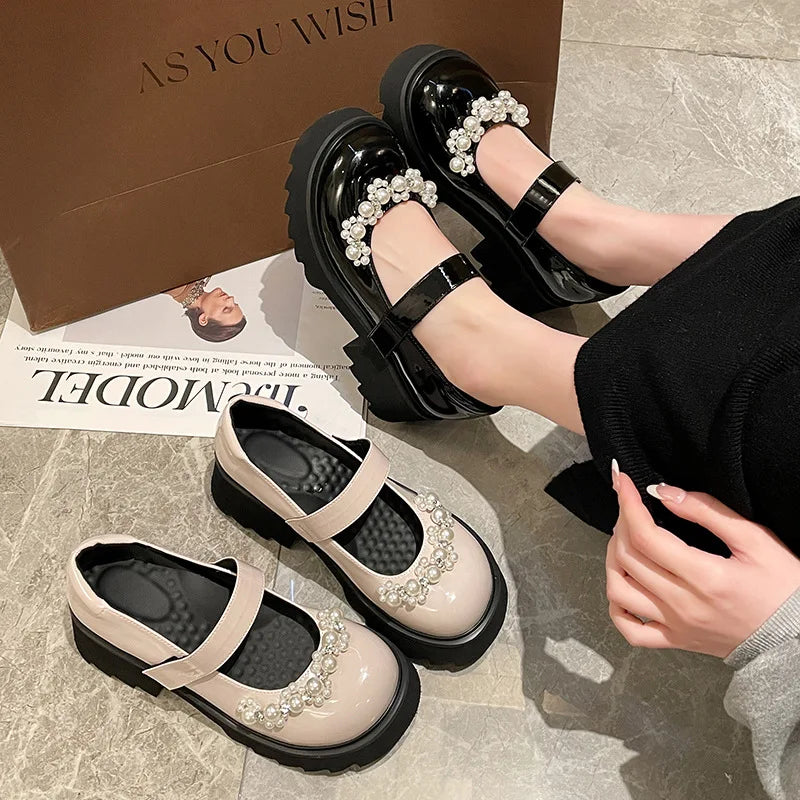 Pearl Decor Mary Jane Loafers – Lolita Thick Sole Heels Mary Jane Loafers Axl