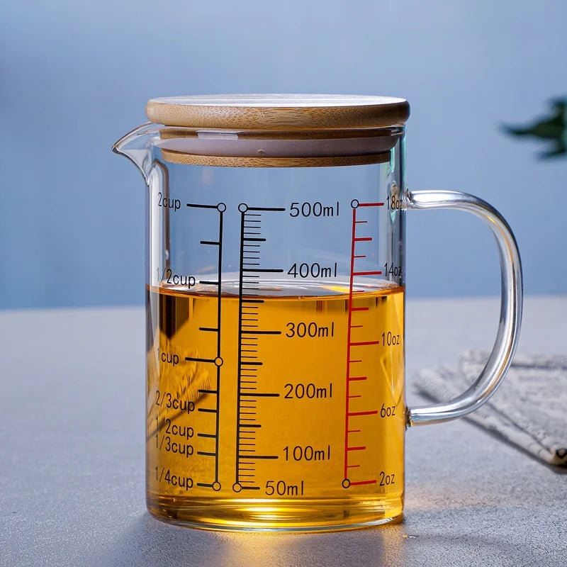 KEMORELA Borosilicate Glass Measuring Cup with Bamboo Lid Glass Measuring Cup Axl 500ml