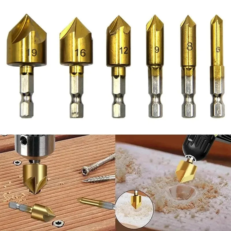 6PC Countersink Drill Bit Set 6–19mm | Titanium Chamfering Tool Countersink Drill Set Axl