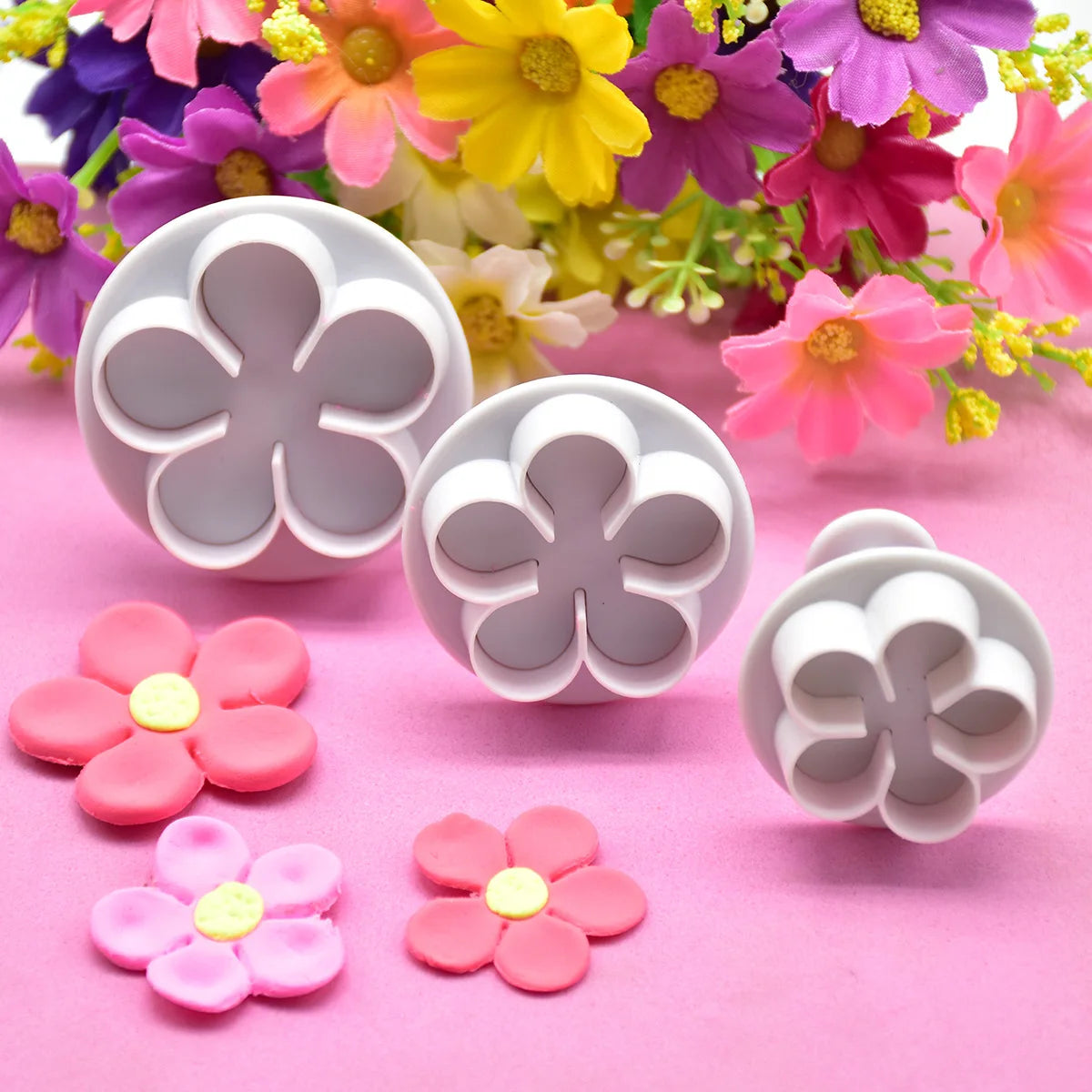 3-Pack Flower Plunger Cookie Cutters – Fondant Blossom Moulds Fondant Cookie Cutter Axl