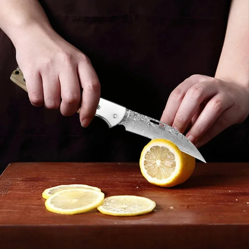 InLeung Damascus Steel Folding Knife – Wood Handle | 9cm Blade Folding Kitchen Knife Axl