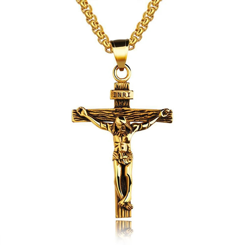 Men's Silver Cross Crucifix Pendant Necklace – Link Chain Cross Pendant Necklace Axl Dark brown