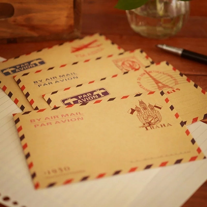 10-Pack Retro Kraft Mini Envelopes – Vintage Airmail Style Kraft Mini Envelopes Axl