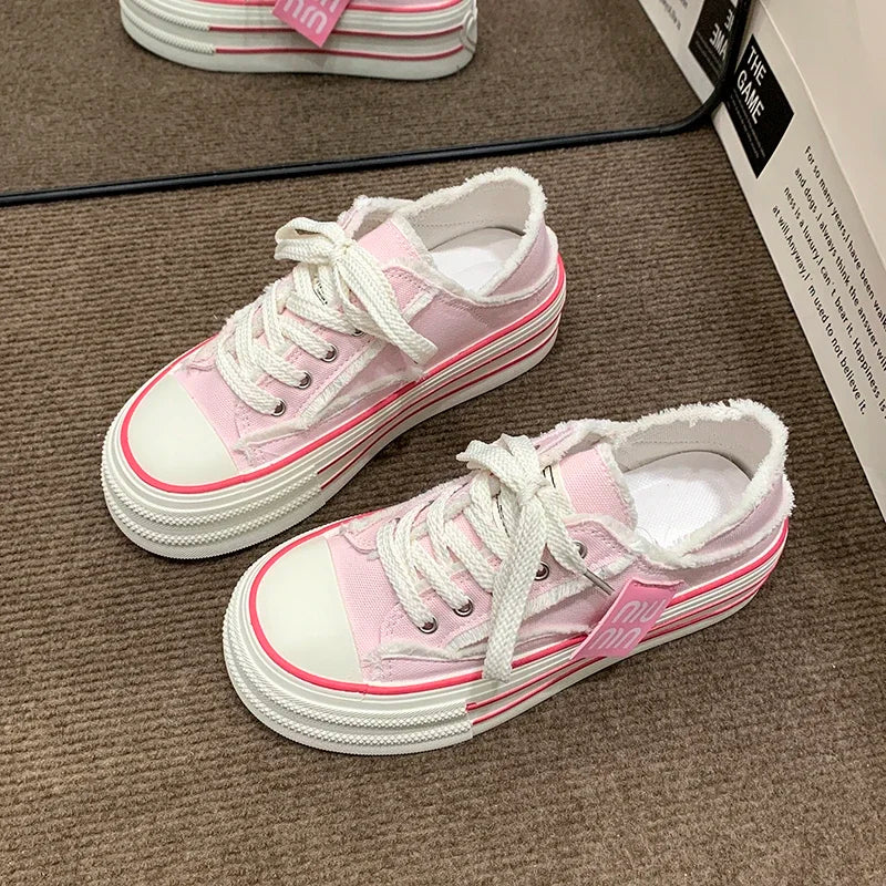 Women's Platform Canvas Sneakers – Casual Lace-Up Half Slipper Platform Canvas Sneakers Axl Pink 39