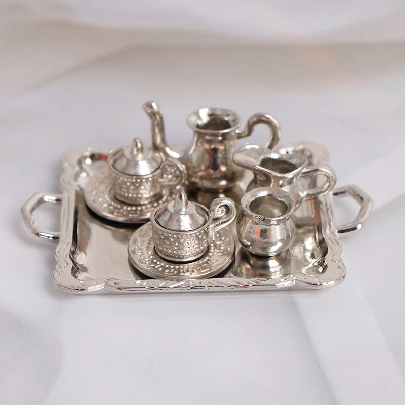10pc 1/12 Dollhouse Miniature Silver Metal Tea Coffee Set Dollhouse Miniature Set Axl One Size