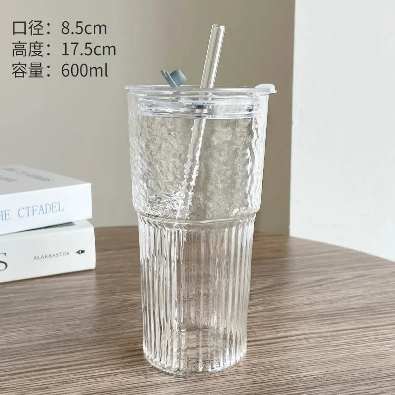 KEMORELA 600ml Stripe Glass Cup with Lid & Straw | 1-2 Pack Glass Tumbler Set Axl