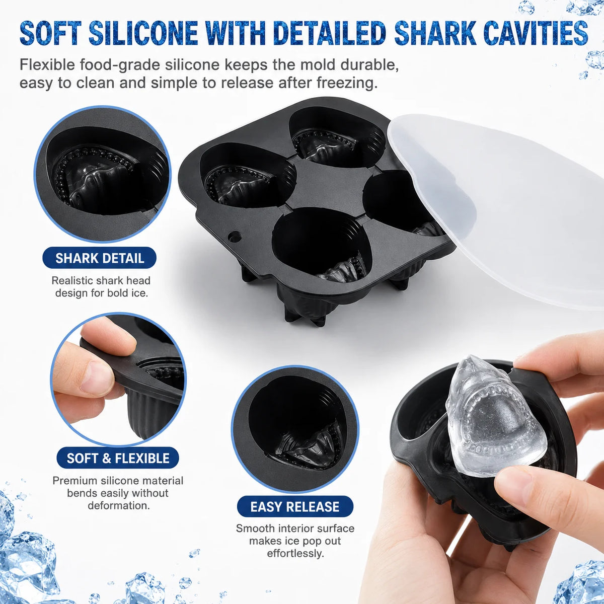 3D Shark Silicone Ice Cube Mold – Large Slow-Melt Ice Maker Ice Cube Mold Axl