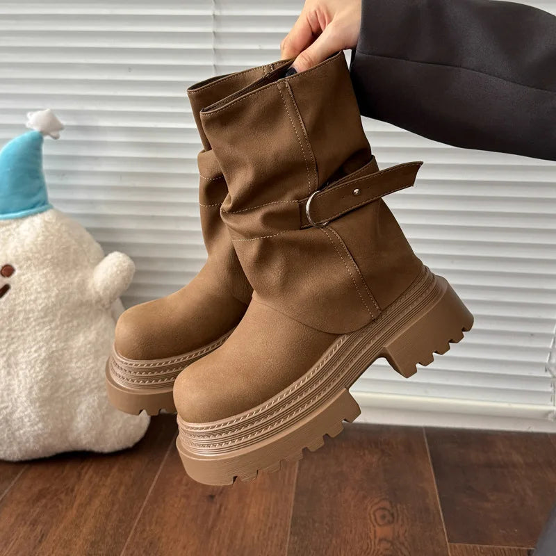 Women's Vintage Platform Knight Boots – Belt Buckle Zip Winter Women's Platform Boots Axl YELLOW 38