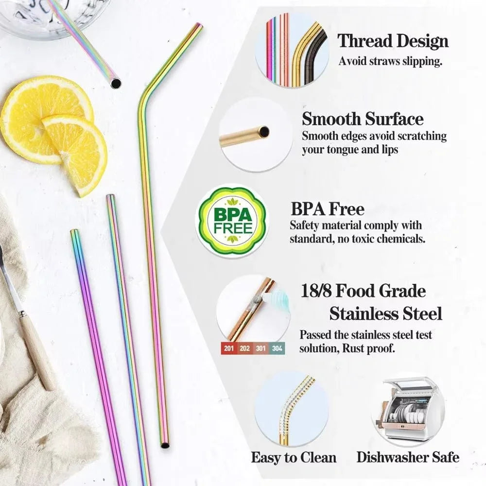 304 Stainless Steel Reusable Straws – Straight, Bent & Brush Set Reusable Metal Straws Axl