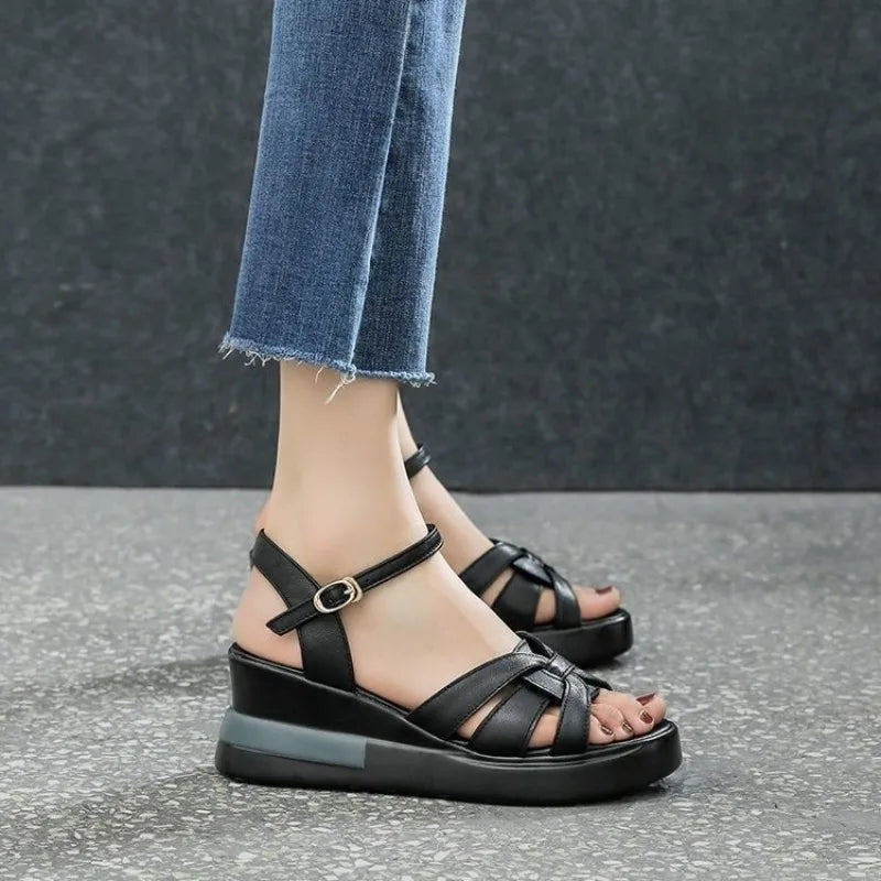 Women's Retro Hollow Button Open-Toe Wedge Sandals Wedge Sandals Axl black 40