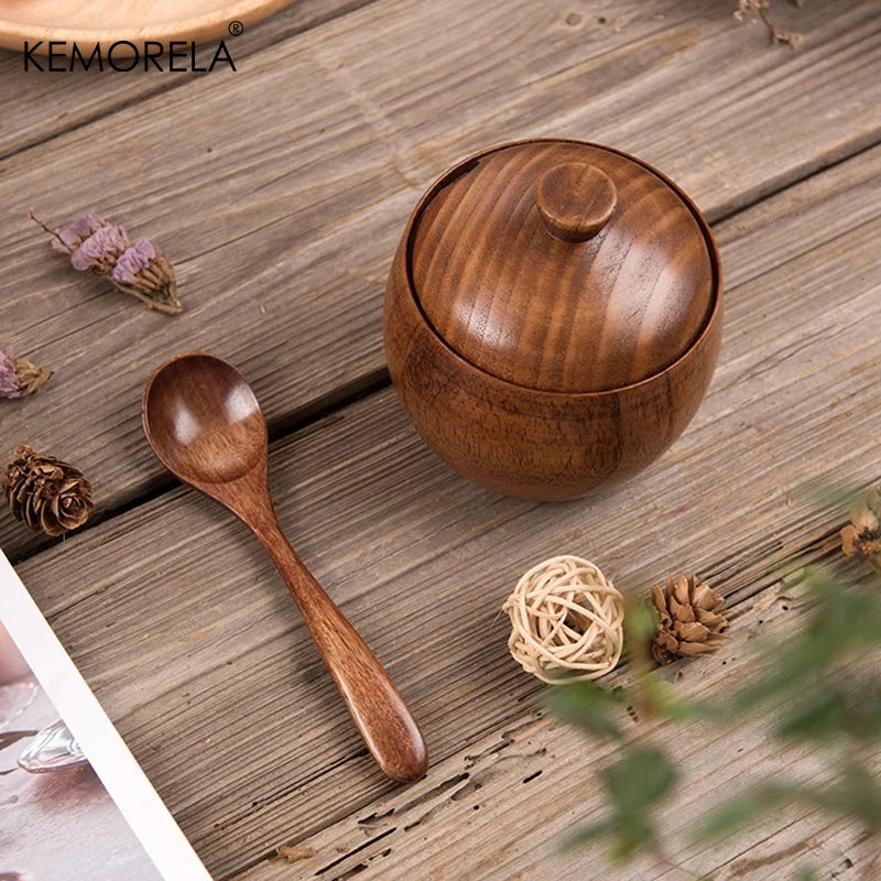 KEMORELA 2-Pack Retro Wood Condiment Jars with Lid & Spoon Condiment Container Set Axl