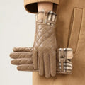 Women's Plaid PU Leather Touchscreen Winter Gloves | Plush Warm Winter Touchscreen Gloves Axl Khaki