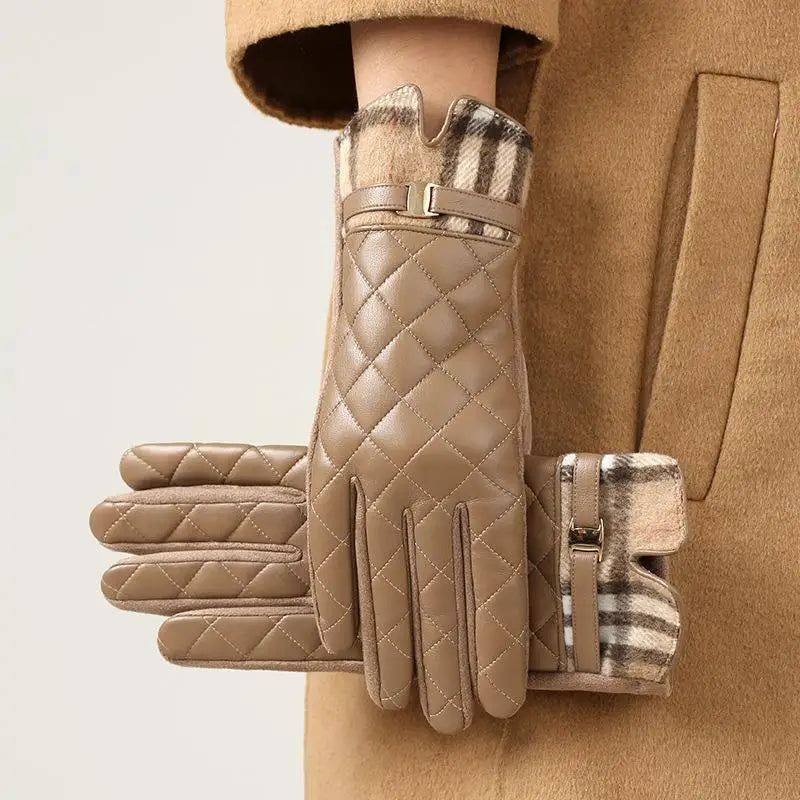 Women's Plaid PU Leather Touchscreen Winter Gloves | Plush Warm Winter Touchscreen Gloves Axl Khaki