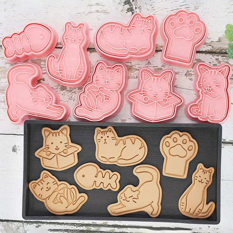 8-Piece Cat Animal Cookie Cutter Set – 3D Stamp Baking Mold Cookie Cutter Set Axl