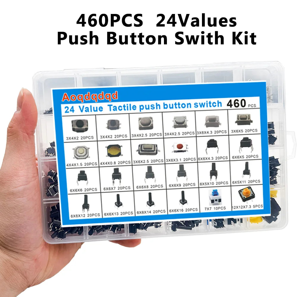 460-Piece SMD Tactile Push Button Switch Kit – 24 Values Switch Assortment Kit Axl