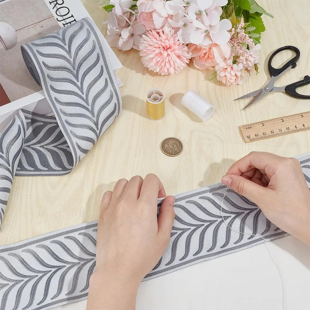 5M Jacquard Leaf Ribbon 86mm – Gray Polyester Curtain Trim Craft Ribbon Trim Axl