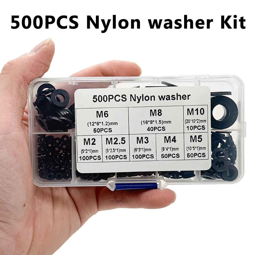 500 Pcs Nylon Flat Washer Kit M2–M10 | 8 Metric Sizes Nylon Washer Kit Axl 500PCS Kit