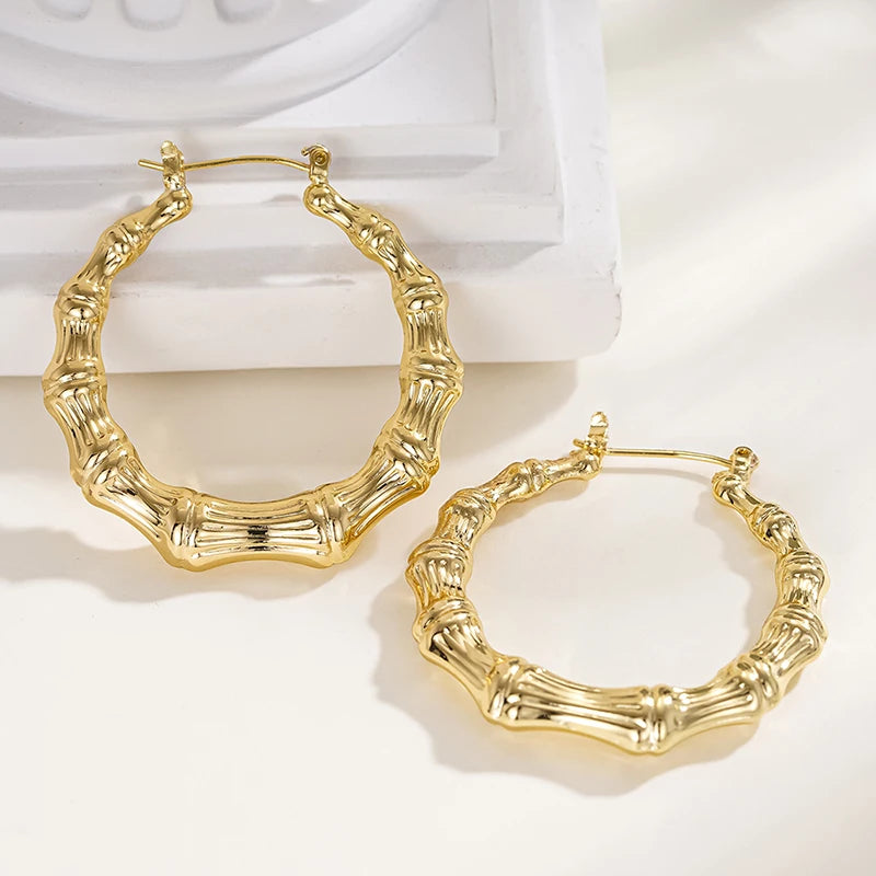 Huitan Gold Bamboo Hoop Earrings – Large Geometric Statement Hoop Earrings Axl
