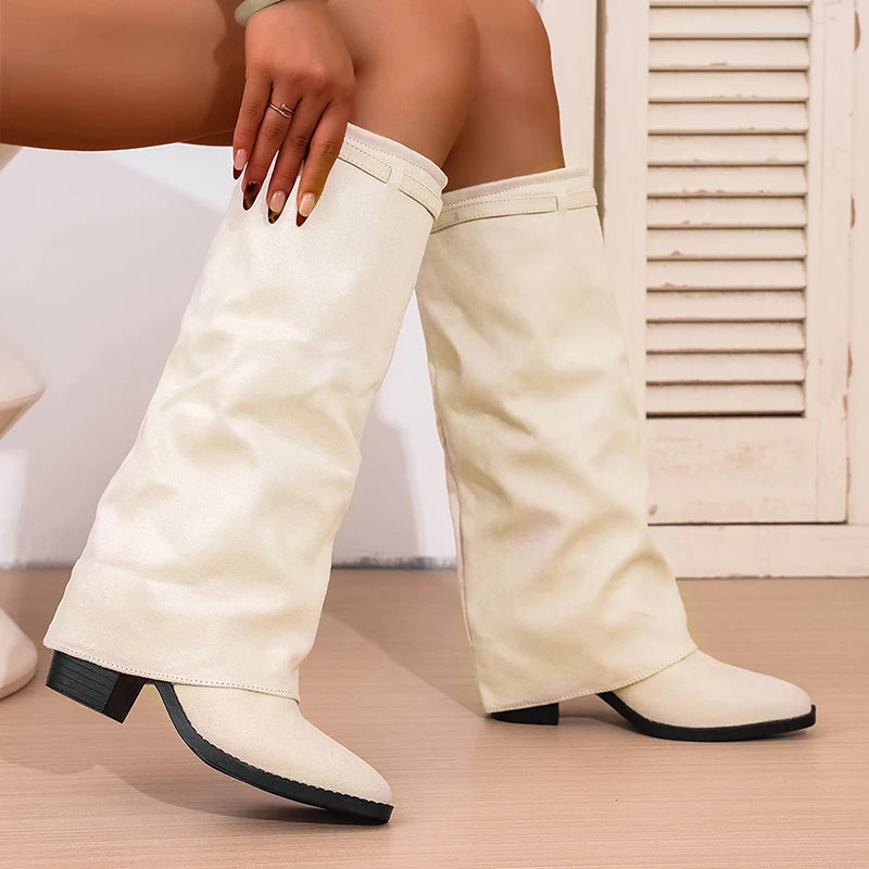Women's Slip-On Knee High Boots – Pointed Toe Block Heel Knee High Boots Axl