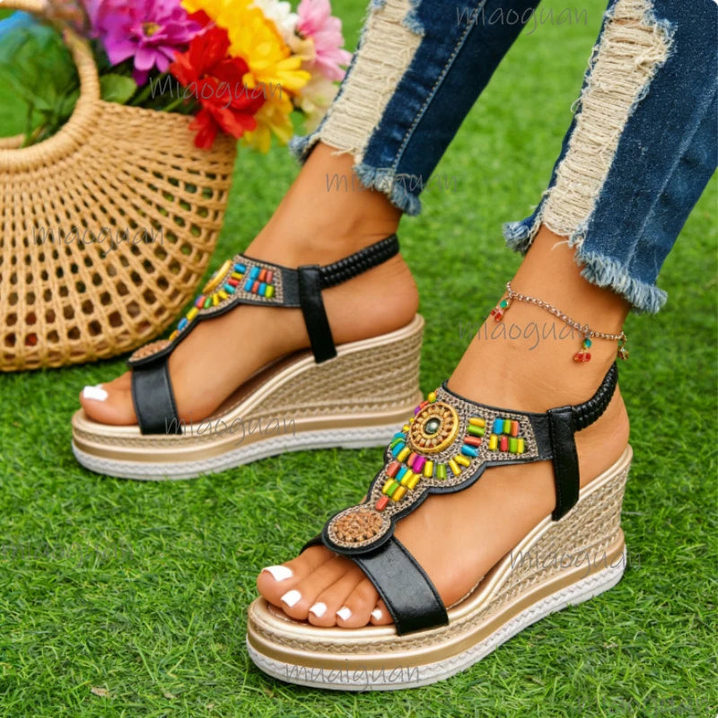 Women's Bohemian Wedge Sandals – Colorful Bead Beach Shoes Wedge Sandals Axl