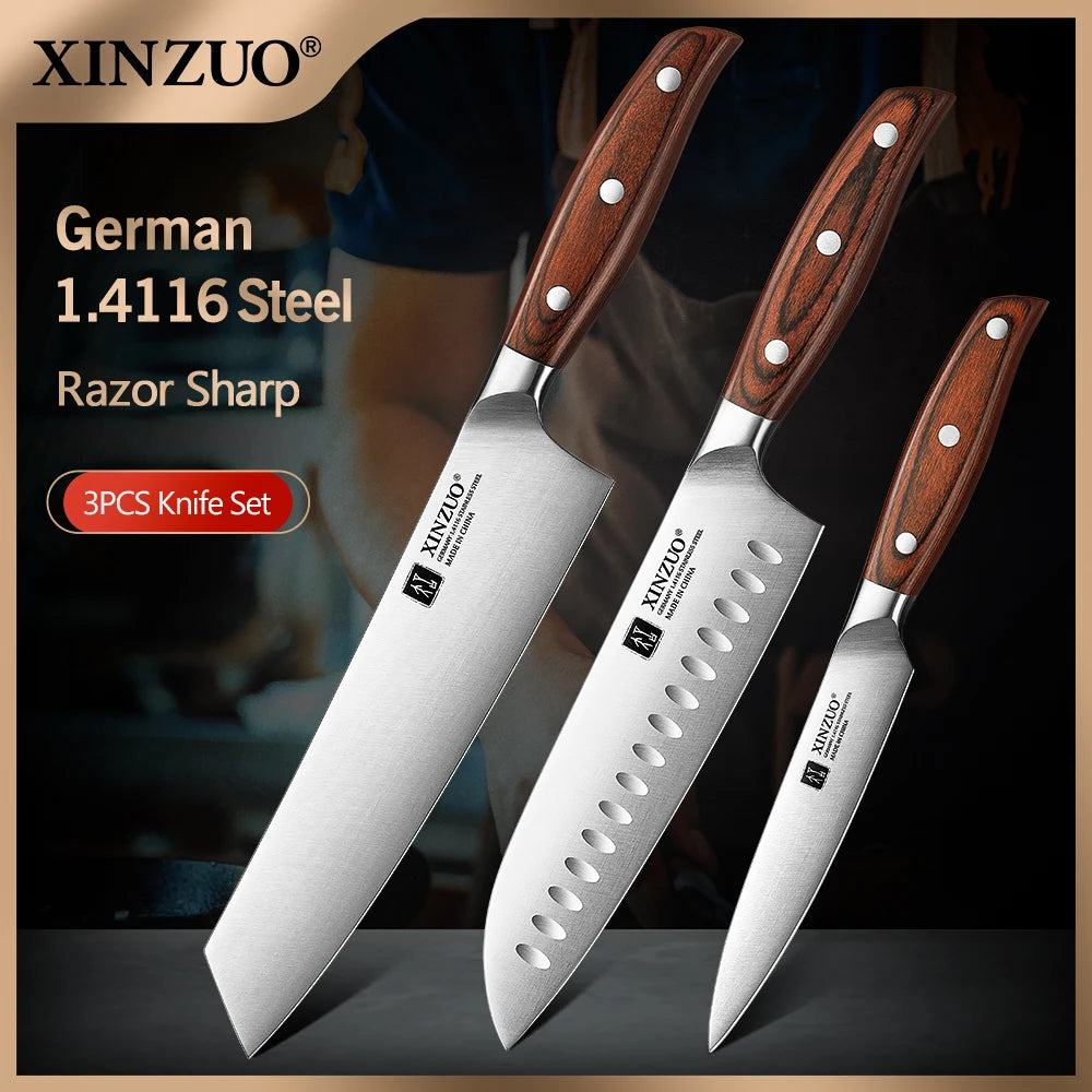 XINZUO 3PC German Steel Knife Set – Santoku, Bunka & Utility Kitchen Knife Set Axl