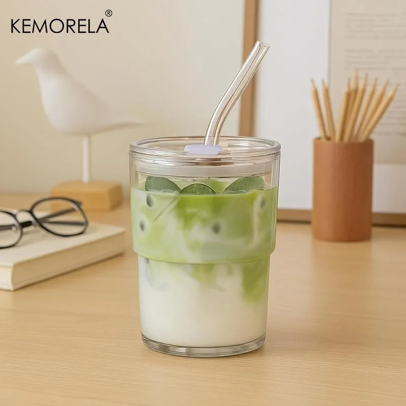 KEMORELA 420ml Glass Tumbler with Straw & Leak-Proof Lid Glass Tumbler Axl