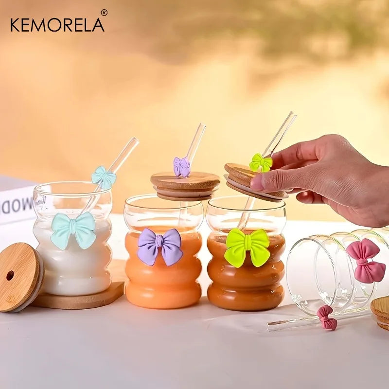 KEMORELA 300ml Butterfly Glass Cup with Lid & Straw Glass Drinkware Cup Axl