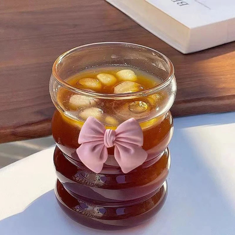 Cute Pink Bow Glass Cup – Borosilicate Striped Drinkware Glass Drinkware Cup Axl