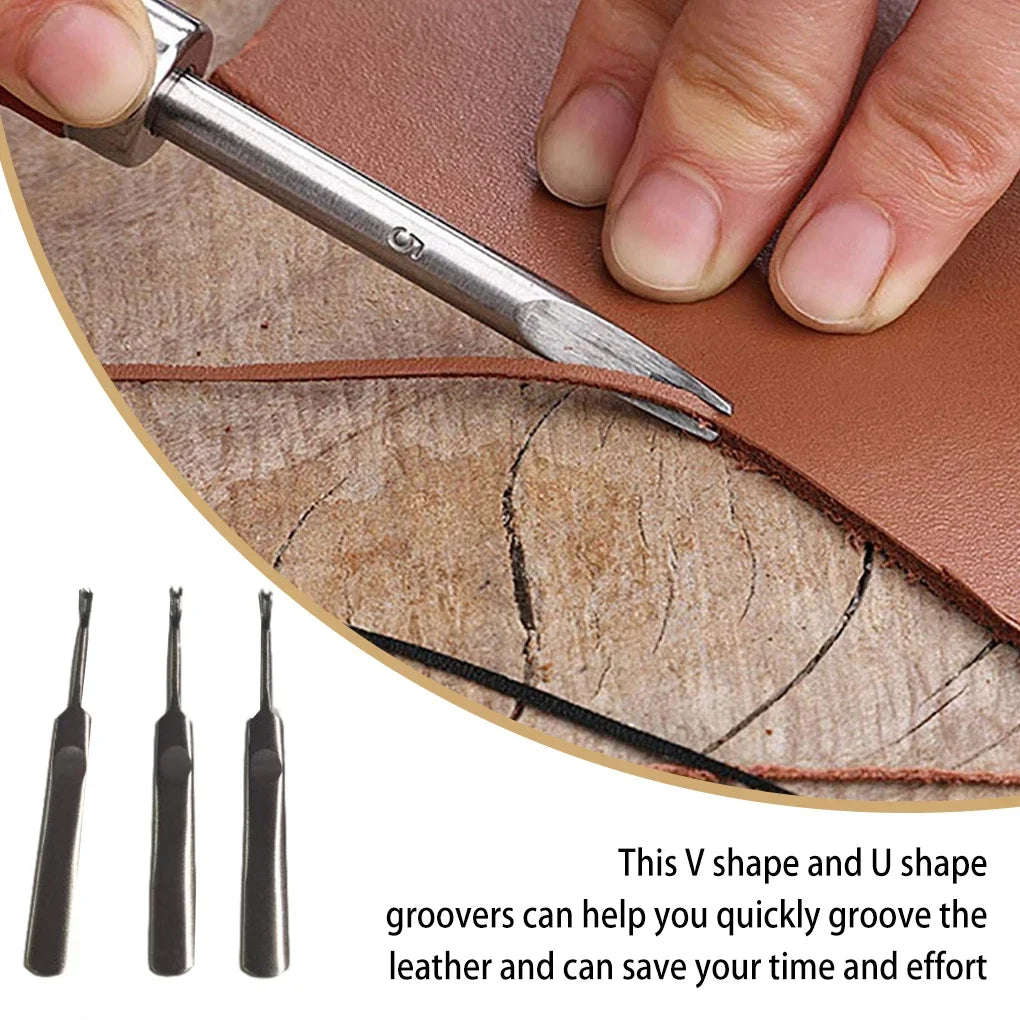 3-Piece Leather Groover Set – U & V Shape Manual Slotting Tools Leather Craft Tool Axl