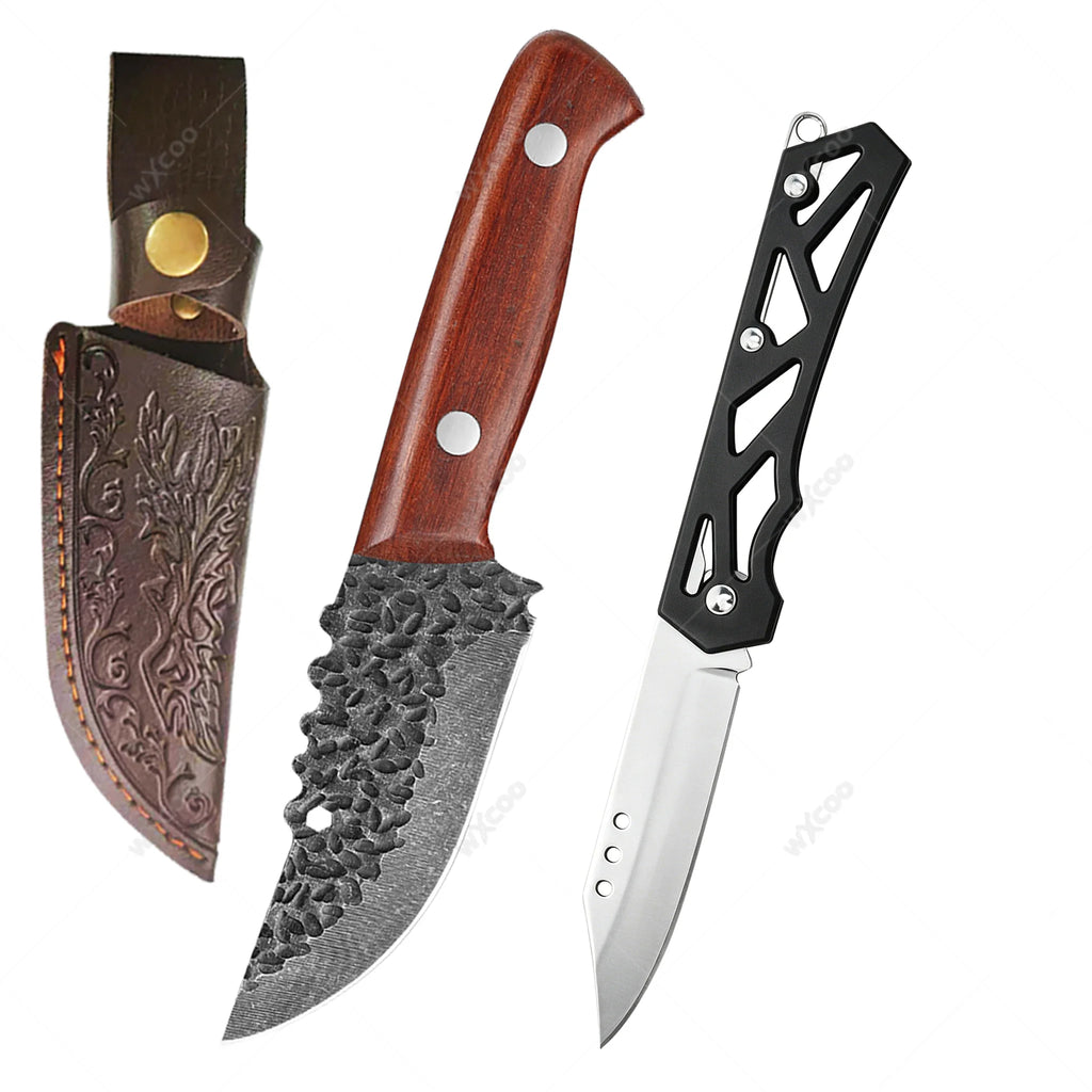 WXCOO Handcrafted Kitchen & Folding Knife Combo | Wood Handle Kitchen Knife Set Axl 2PCS