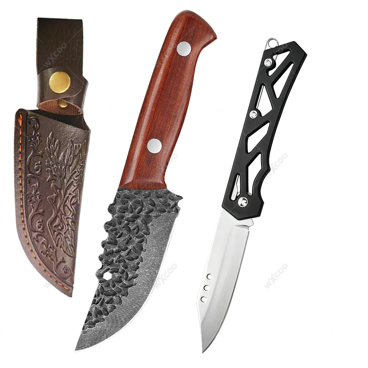 WXCOO Handcrafted Kitchen & Folding Knife Combo | Wood Handle Kitchen Knife Set Axl 2PCS