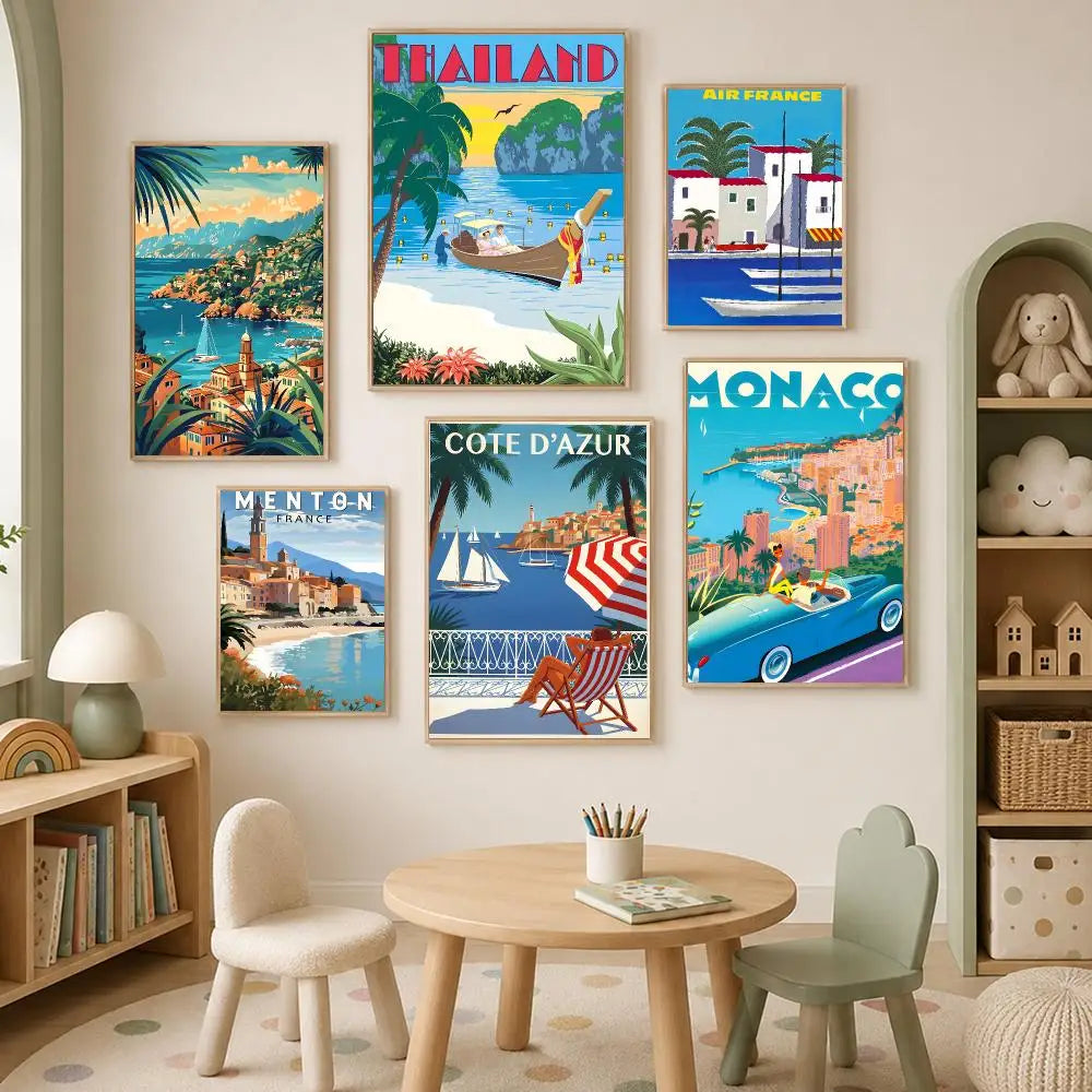 French Riviera Vintage Travel Poster – Self-Stick Wall Art Vintage Wall Poster Axl