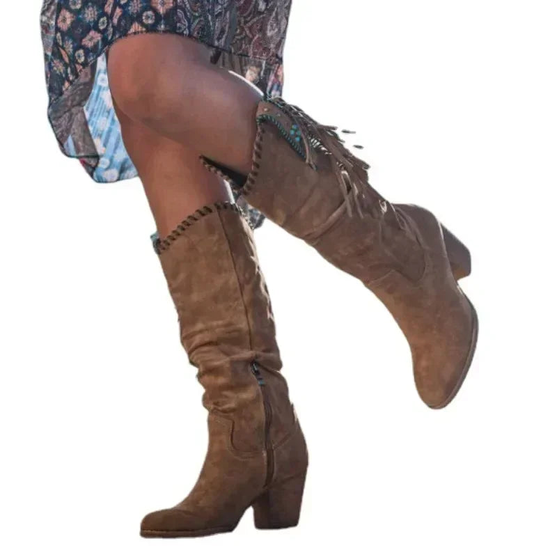 Women's Retro Western Cowboy Boots | Metal Buckle & Tassel Western Cowboy Boots Axl