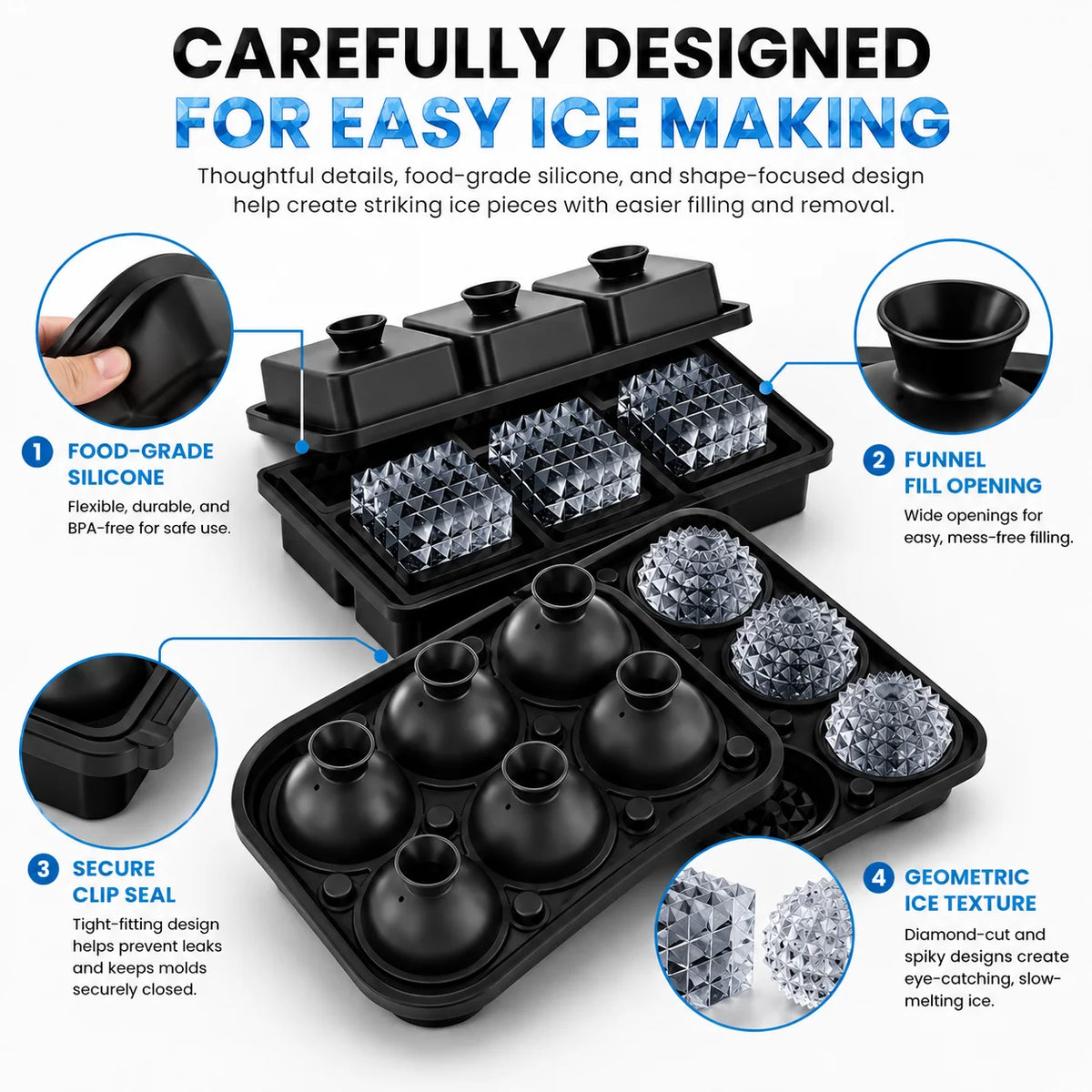 6-Cavity Diamond Silicone Ice Tray with Funnel Lid | Whiskey Bar Silicone Ice Tray Axl