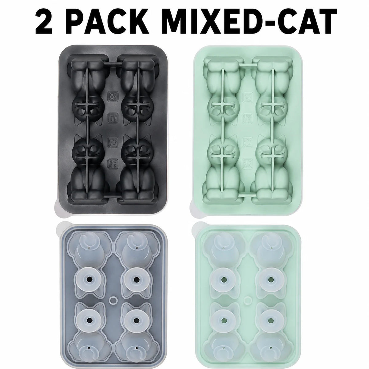 4-Cavity 3D Cat Silicone Ice Cube Tray Mold with Funnel Silicone Ice Cube Mold Axl 2 Pack Mixed-Cat