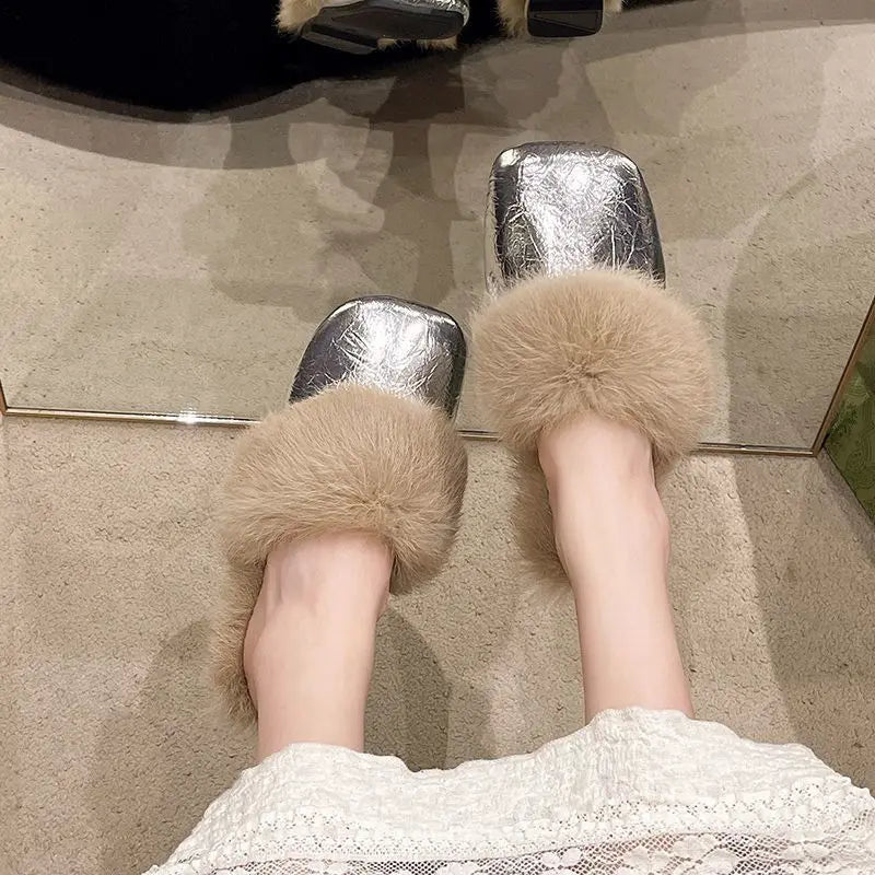 Women's Plush Flat Half Slippers – Warm Non-Slip Winter Shoes Plush Flat Slippers Axl Silver upgrade 39