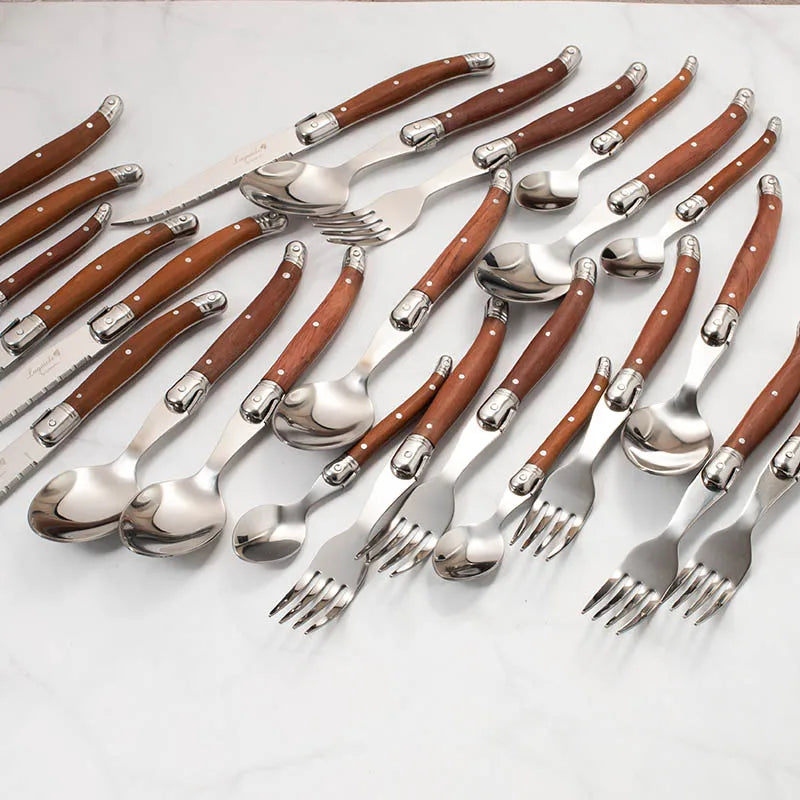 24-Piece Laguiole-Style Flatware Set – Wood Handle Steak Knife & Cutlery Flatware Cutlery Set Axl