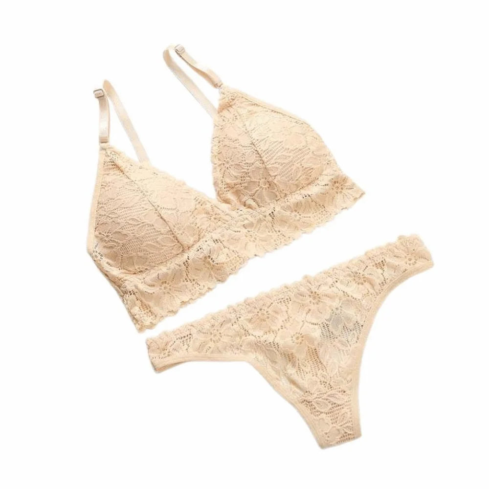 V-Neck Lace Floral Bra & Thong Set | Wire-Free Push-Up Lingerie Bra Set Axl Skin Color M 50-65kg