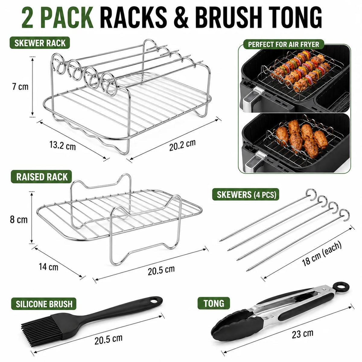 Dual Air Fryer Multi-Layer Rack with Skewers & Baking Paper Air Fryer Rack Set Axl 2 Pack w Brush Tong