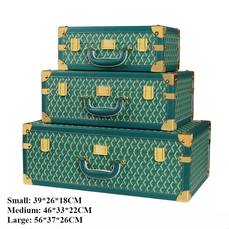 Retro Leather Storage Box Set – S/M/L Lidded Home Organizer Decorative Storage Box Axl Green Handle Style