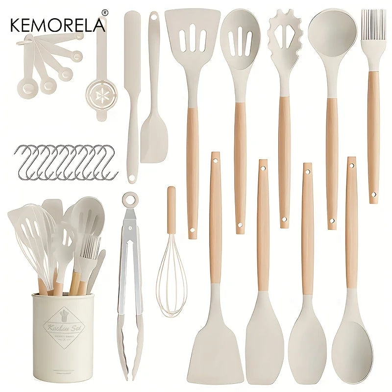 KEMORELA 30-Piece Silicone Cooking Utensil Set – Wooden Handles Silicone Utensil Set Axl Khaki