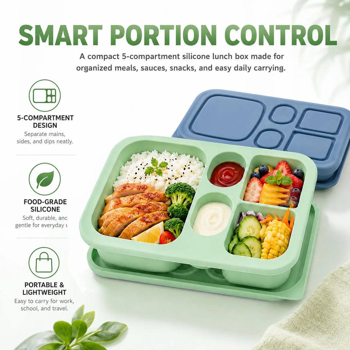 Silicone Bento Lunch Box – 5-Compartment Food Container Bento Lunch Box Axl
