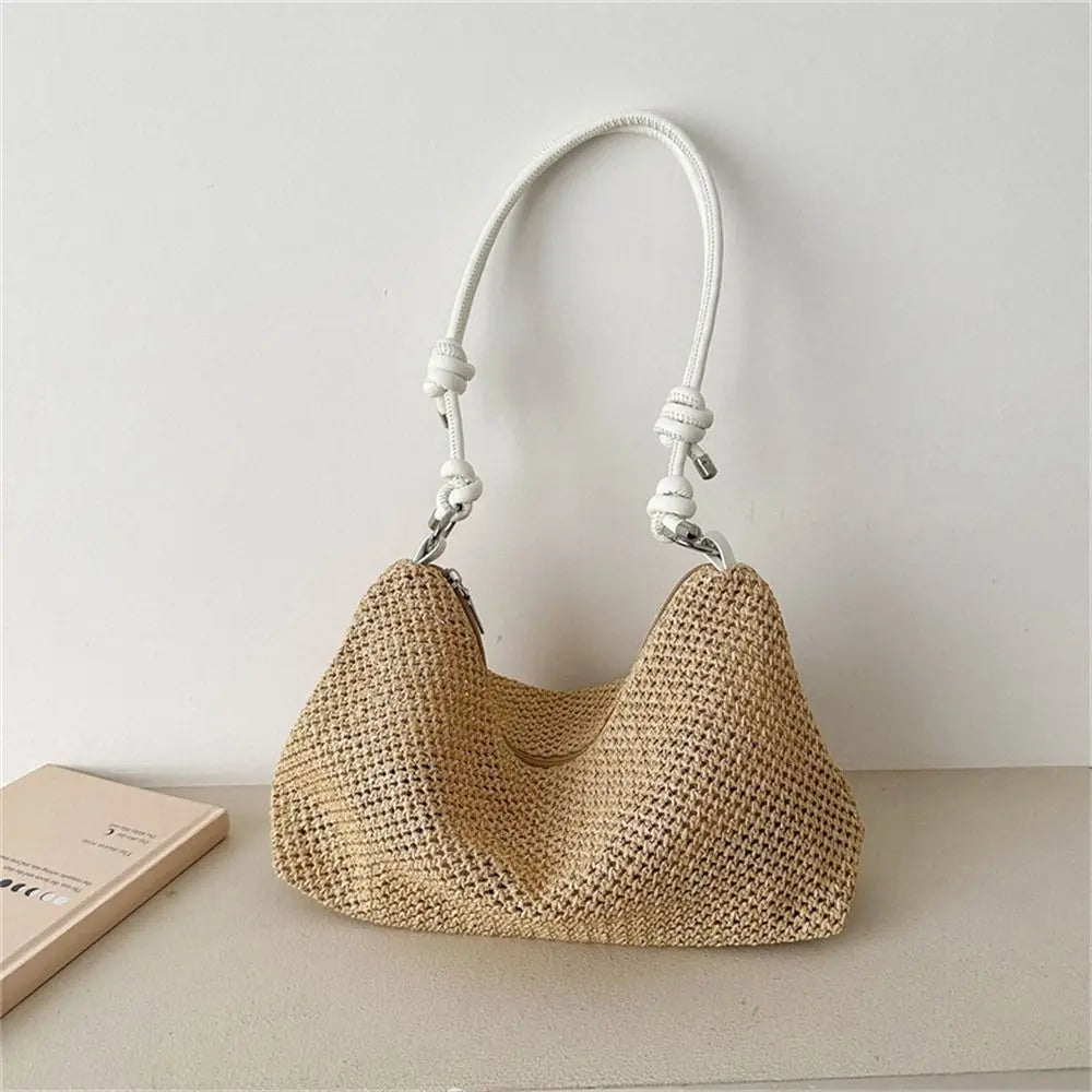 Women's Handmade Woven Straw Tote Bag – Rattan Beach Shoulder Bag Woven Tote Bag Axl white