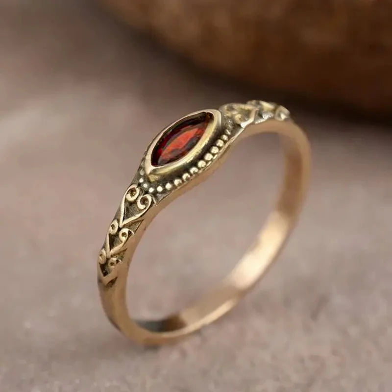 Huitan Vintage Gold-Tone Garnet Marquise CZ Ring | Women Fashion Ring Axl
