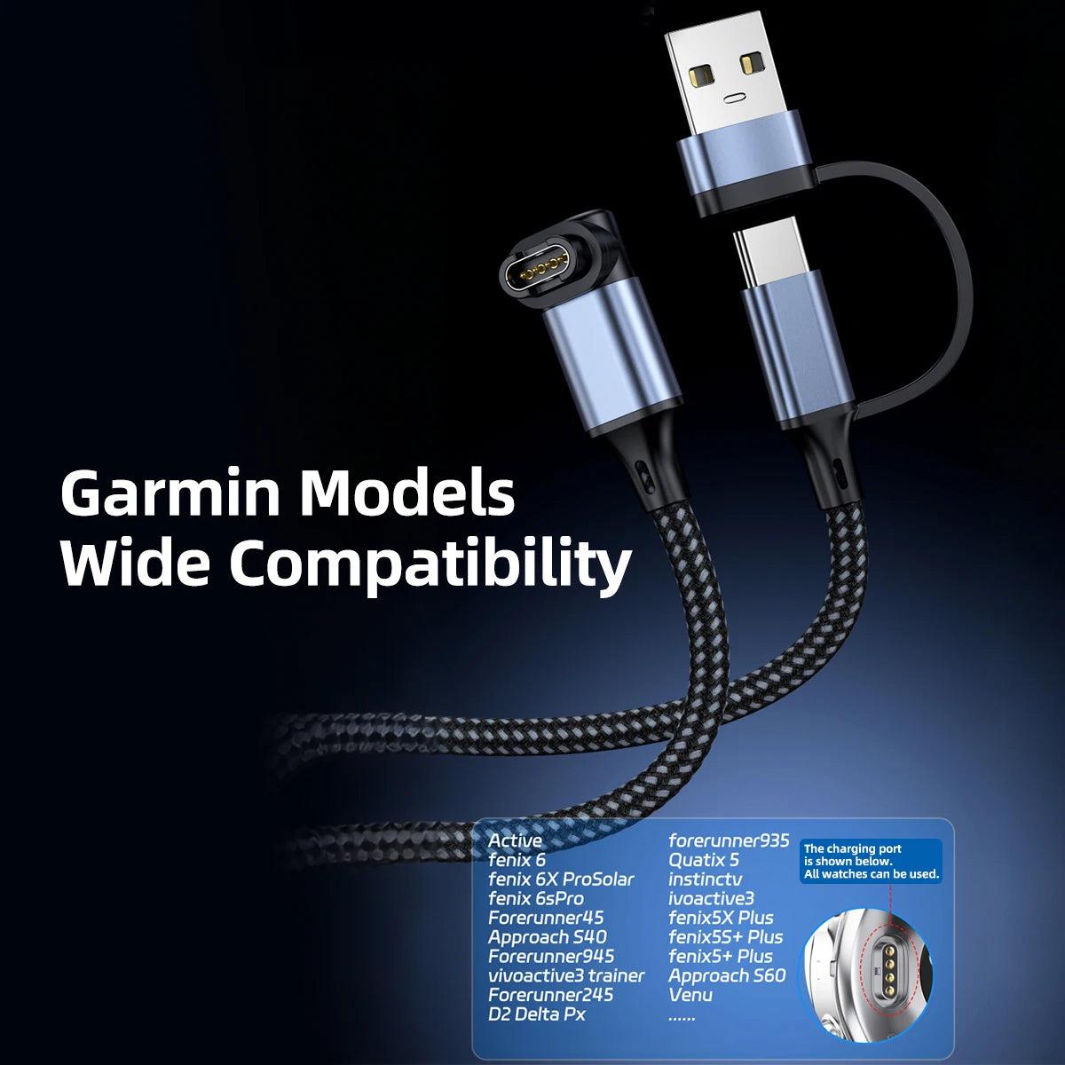 Type-C USB Charger Cable for Garmin Fenix, Venu & Forerunner Smartwatch Charger Cable Axl
