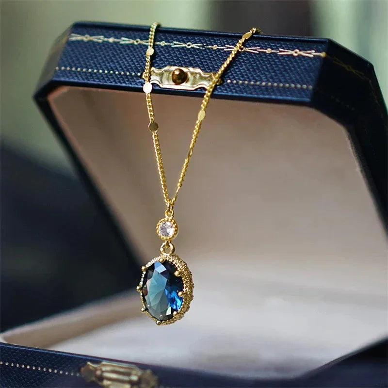 Huitan Oval Blue Stone Pendant Necklace – Bridal Jewelry Gift Pendant Necklace Axl