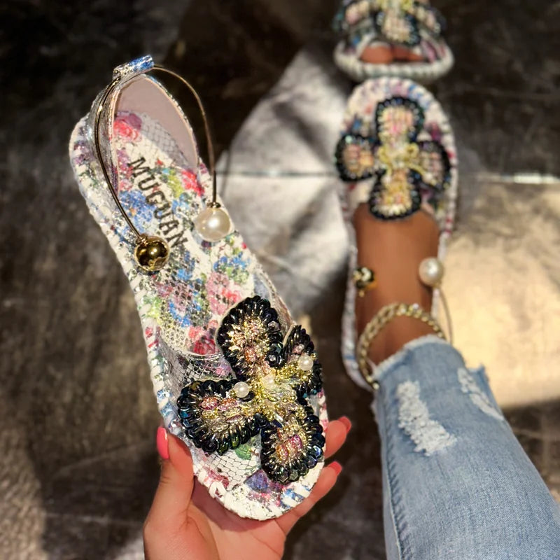 UXST Women's Beaded Pearl Flower Flat Slip-On Sandals Women's Flat Sandals Axl