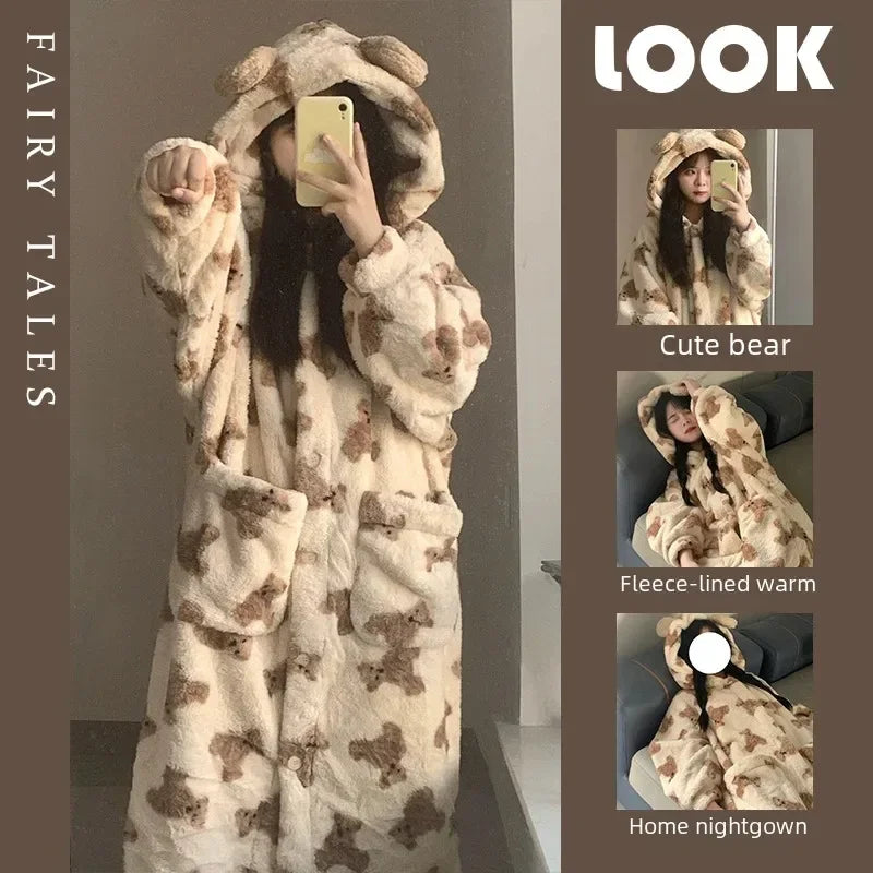 Women's Hooded Flannel Pyjama Set – Cute Bear Fluffy Robe Hooded Pyjama Set Axl